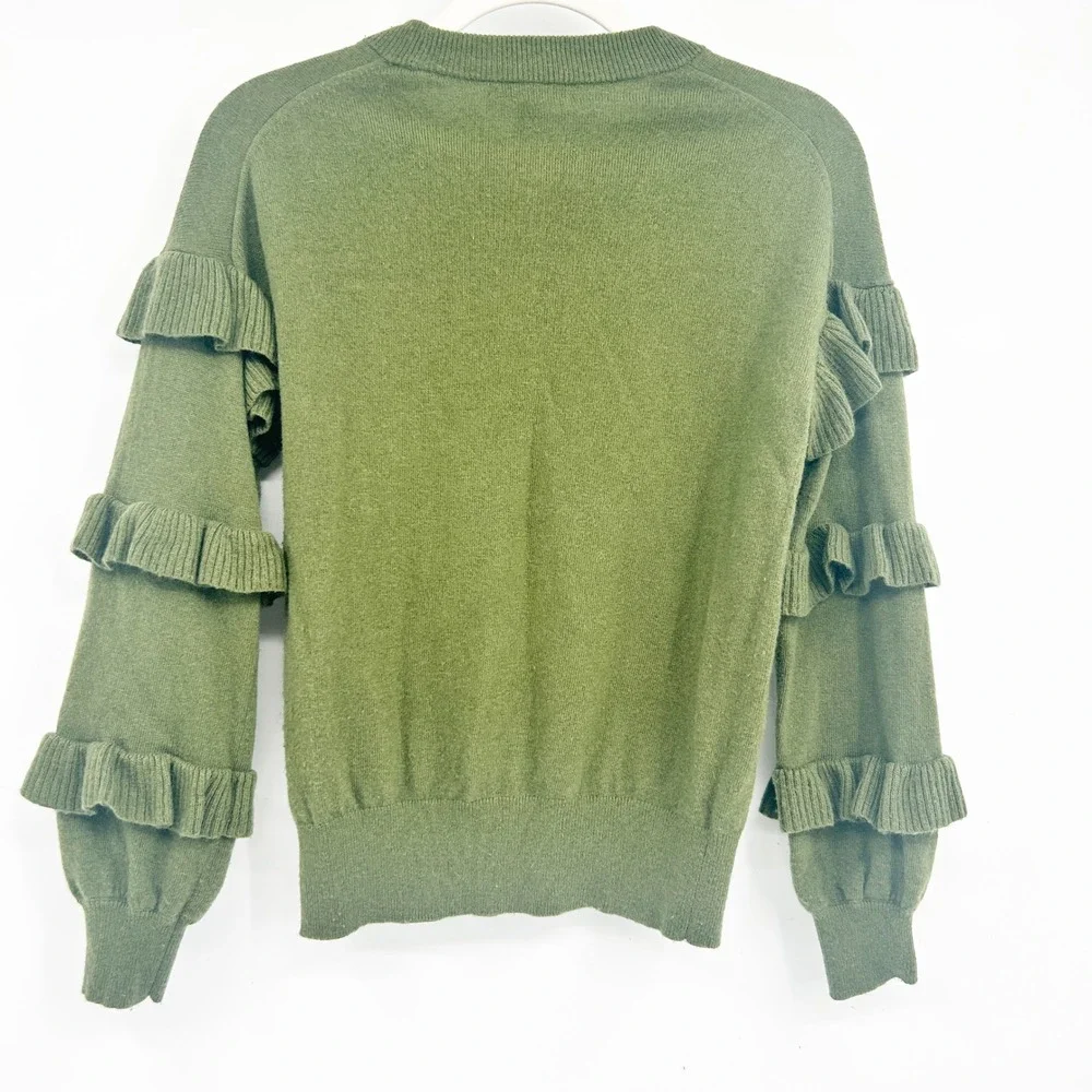 J. Crew Womens‎ Moss Green Wool Blend Tiered Ruffle Sleeve Preppy Sweater XXS